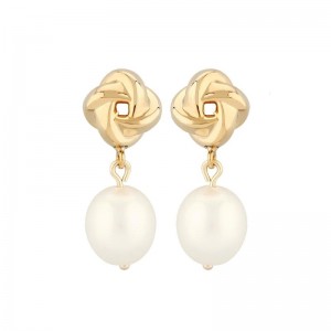 14K Yellow Gold Love Knot Drop Freshwater Pearl Stud Earrings PD Collection By PD Collection