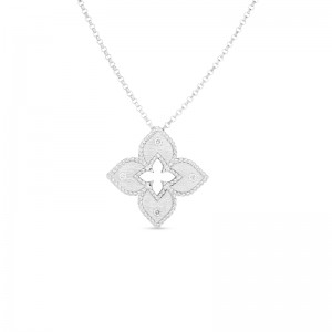 18K White Gold Petite Venetian Princess Satin & Diamond Accent Flower Necklace