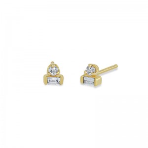 14K Yellow Gold Baguette And Prong Set Stacked Stud Earrings