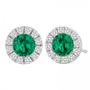 18K White Gold Emerald and Diamond Halo Earrings By PD Collection