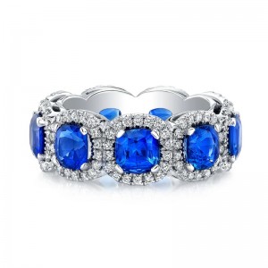 Cushion Cut Blue Sapphire Pave Halo Eternity Band