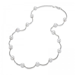 14k White Gold Tin Cup Pearl Necklace BY PD Collection