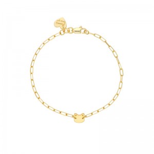 14K Yellow Gold Kid's Paperclip Bracelet With Cat Charm By PD Collection