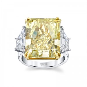 18.88 Carat Radiant Fancy Intense Yellow Diamond 3-stone Ring