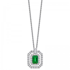 18K White Gold Emerald and Diamond Halo Necklace By Providence Diamond Collection