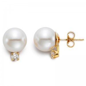 PD Collection 9-9.5Mm White South Sea Pearl Earrings With 2 Diamonds 0.25 Tcw