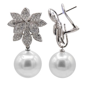 18K White Gold South Sea Pearls And Diamond Flower Omega Back Drop Earrings