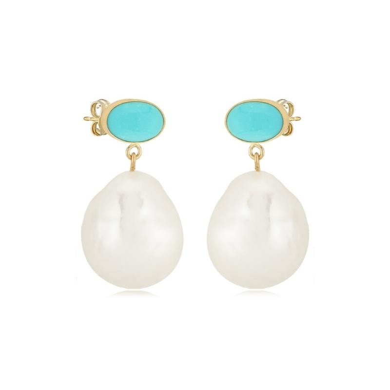 14K Yellow Gold Oval Turquoise And Drop Baroque Pearl Stud Earrings