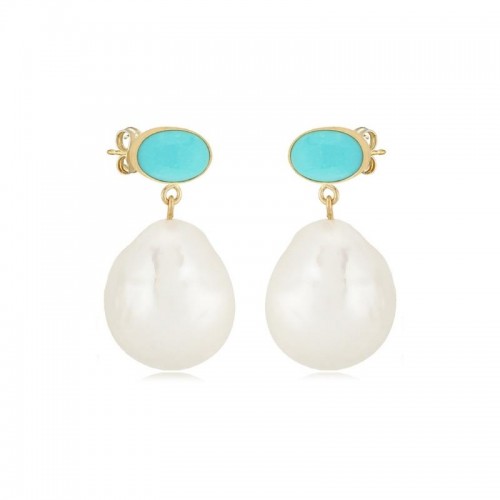 14K Yellow Gold Oval Turquoise And Drop Baroque Pearl Stud Earrings