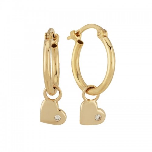 14K Yellow Gold Diamond Heart Dangle Hoop Earrings