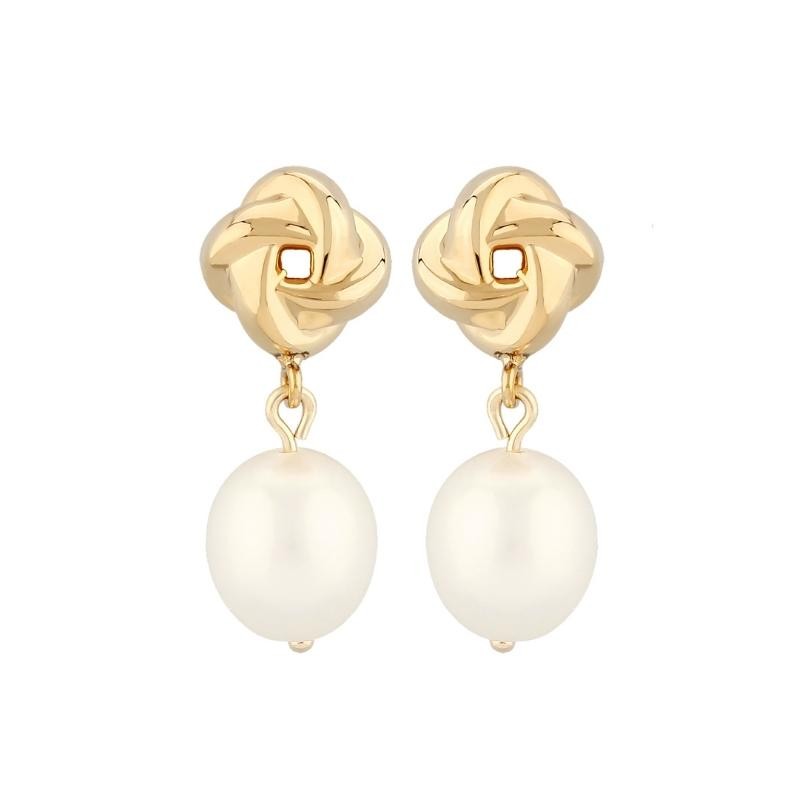 14K Yellow Gold Love Knot Drop Freshwater Pearl Stud Earrings PD Collection