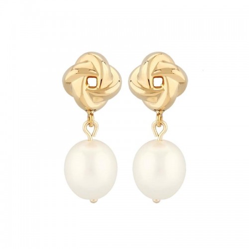 14K Yellow Gold Love Knot Drop Freshwater Pearl Stud Earrings PD Collection