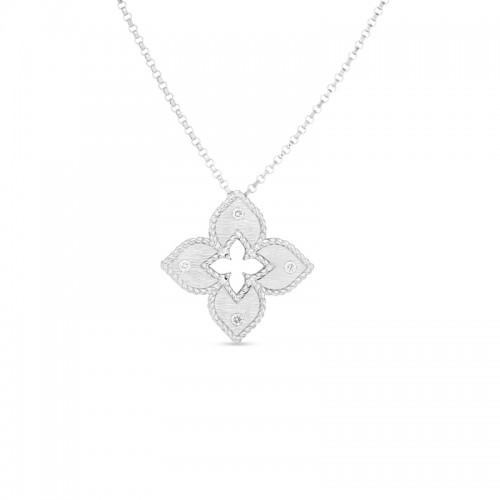 18K White Gold Petite Venetian Princess Satin & Diamond Accent Flower Necklace