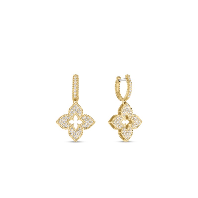 18K Yellow Gold Venetian Princess Medium Pave Flower Dangle Earrings By Roberto Coin