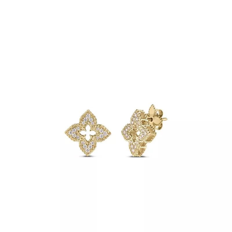 18K Yellow Gold Ventian Princess Small Diamond Pave Flower Stud Earrings By Roberto Coin