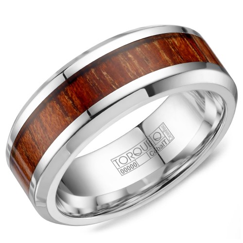 A white cobalt Torque band with a wood pattern inlay.