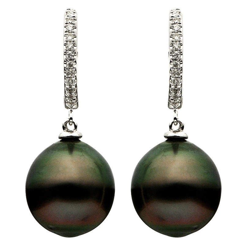 14K White Gold Tahitian Pealrs And Diamond Huggie Pearl Drop Earrings