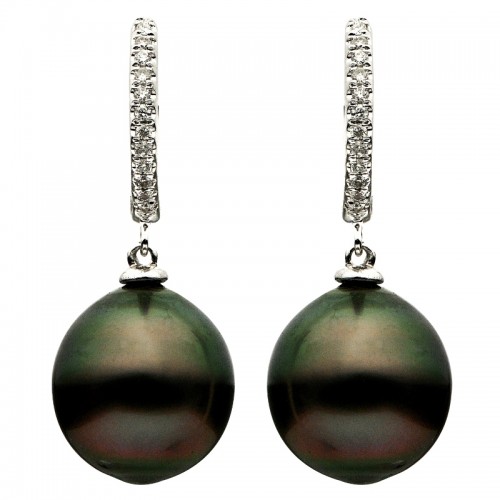 14K White Gold Tahitian Pealrs And Diamond Huggie Pearl Drop Earrings