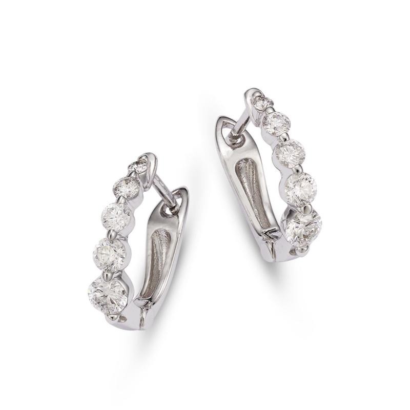 14K White Gold Round Cut Diamonds Graduated Single Prong Huggie Earrings