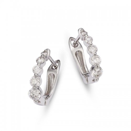 14K White Gold Round Cut Diamonds Graduated Single Prong Huggie Earrings