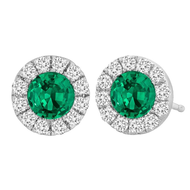 18K White Gold Emerald and Diamond Halo Earrings