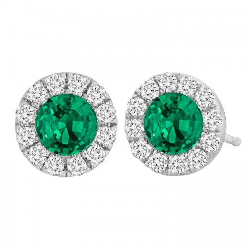 18K White Gold Emerald and Diamond Halo Earrings
