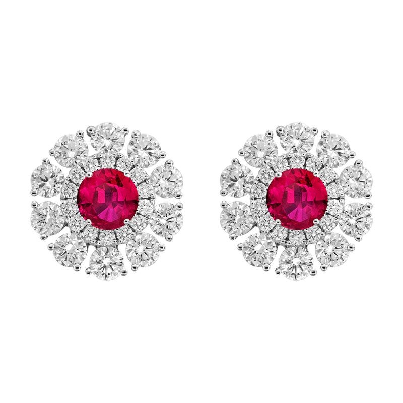 18K White Gold Ruby and Diamond Double Halo Earrings