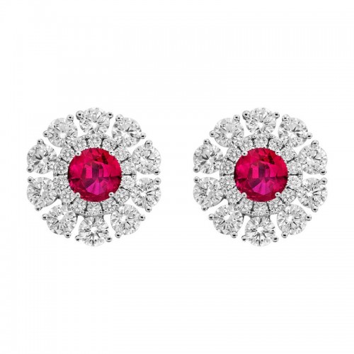 18K White Gold Ruby and Diamond Double Halo Earrings