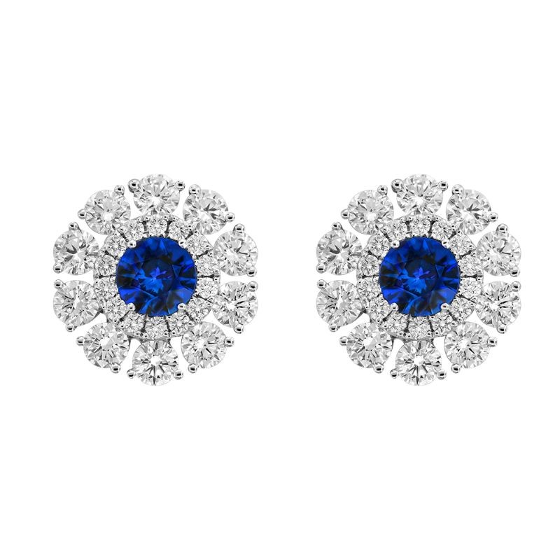 18K White Gold Sapphire and Diamond Double Halo Earrings