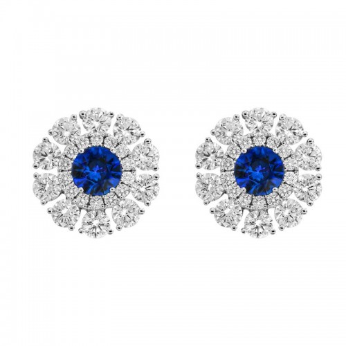 18K White Gold Sapphire and Diamond Double Halo Earrings