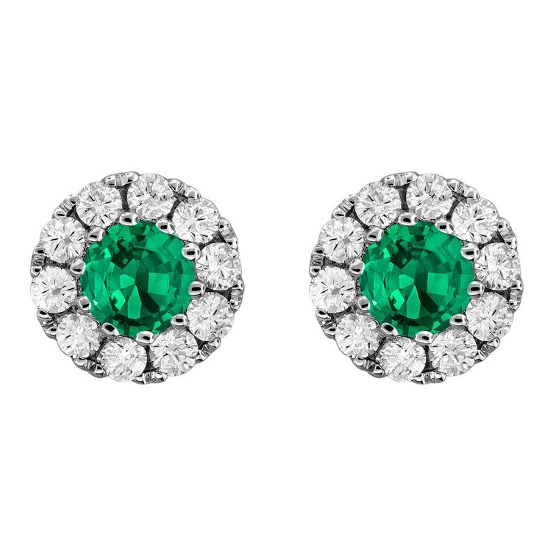 18K White Gold Emerald and Diamond Halo Earrings