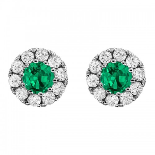 18K White Gold Emerald and Diamond Halo Earrings