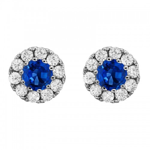 18K White Gold Sapphire and Diamond Halo Earrings By Providence Diamond Collection