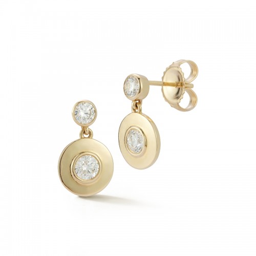 14K Yellow Gold Round Bezel Set Drop Earrings