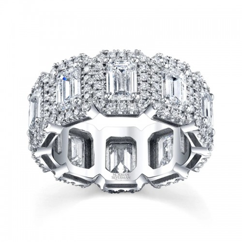 Emerald Cut Diamond Eternity Band with Pave Halo