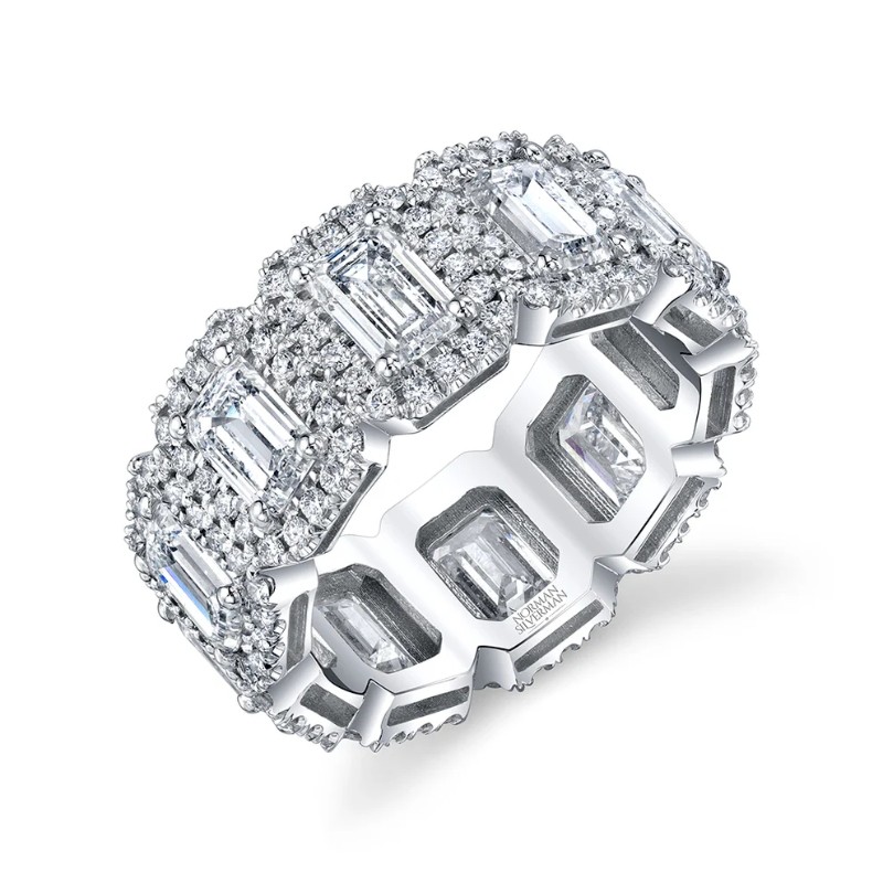 Emerald Cut Diamond Eternity Band with Pave Halo