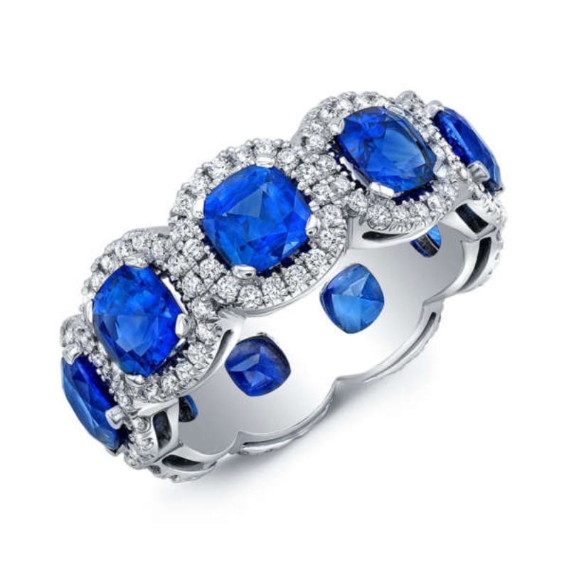 Cushion Cut Blue Sapphire Pave Halo Eternity Band