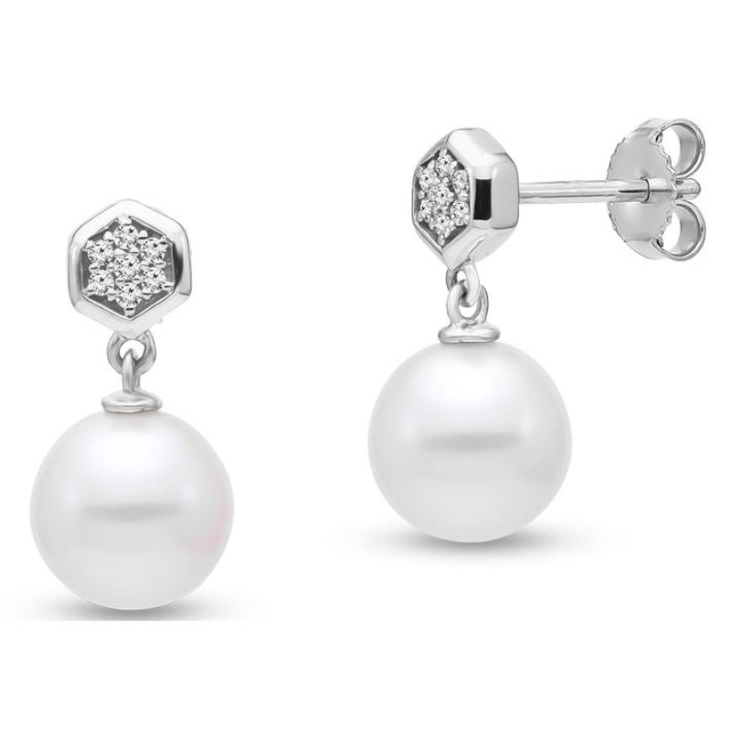 14k Diamond Hexagon and Pearl Drop Stud Earrings