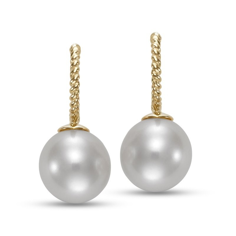 14K Yellow Gold Freshwater Pearls Drop Huggie Stud Earrings