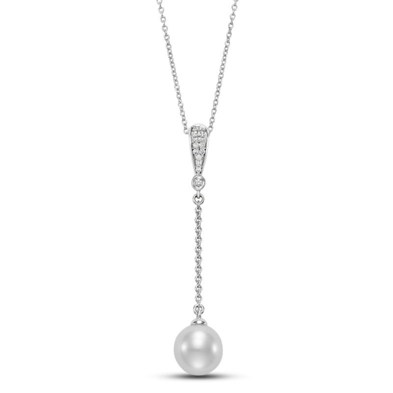 18k Diamond Pave Bail Pearl Chain Drop Pendant Necklace