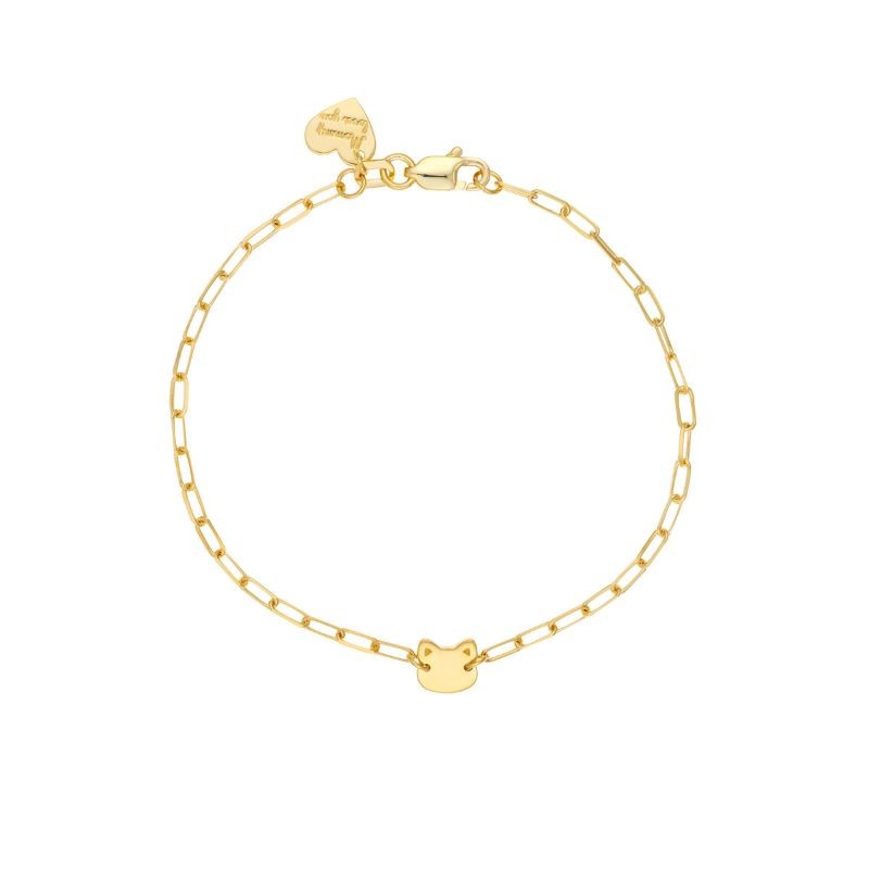 14K Yellow Gold Kids Paperclip Bracelet With Cat Charm By PD Collection