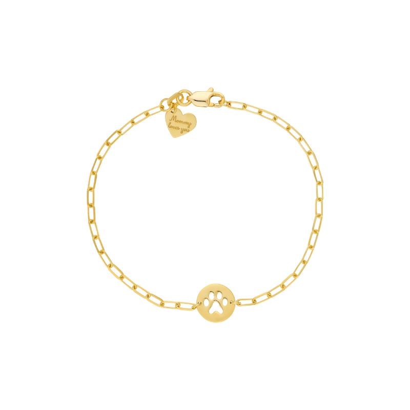 14K Yellow Gold Kids Paper Clip Chain With Paw Disk Bracelet