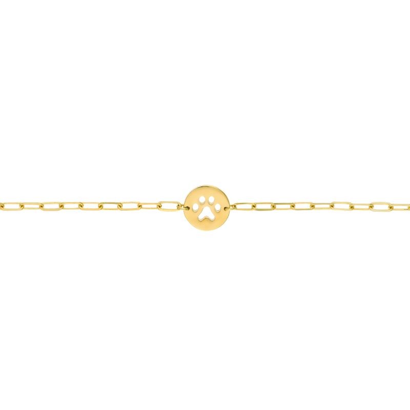 14K Yellow Gold Kids Paper Clip Chain With Paw Disk Bracelet