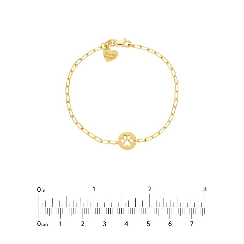 14K Yellow Gold Kids Paper Clip Chain With Paw Disk Bracelet