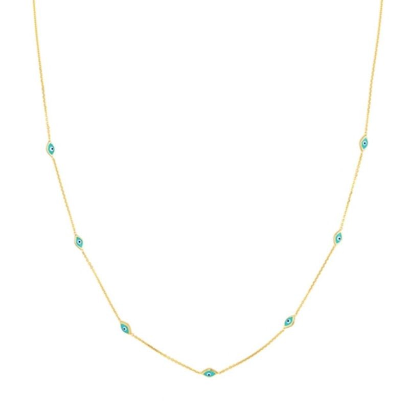 14K Yellow Gold Light Blue Evil Eye Necklace