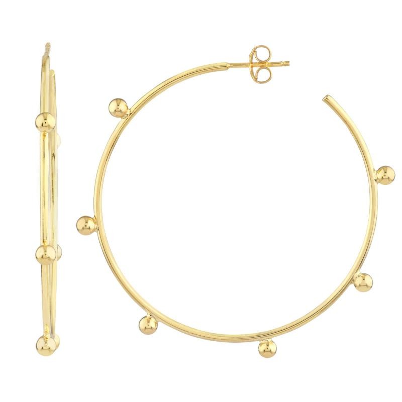 14K Yellow Gold Round Beaded Post Hoop Earrings