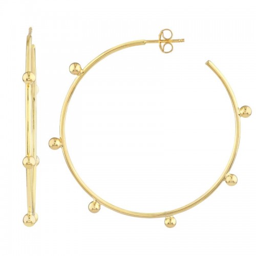 14K Yellow Gold Round Beaded Post Hoop Earrings