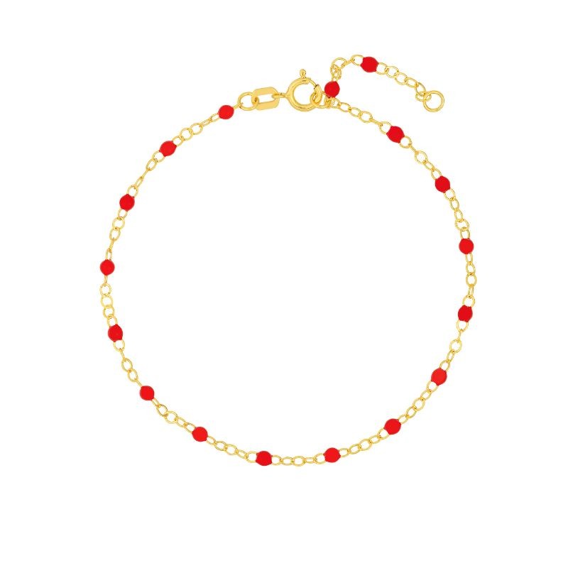 14K Yellow Gold Red Emamel Beads On A Piatto Chain Necklace