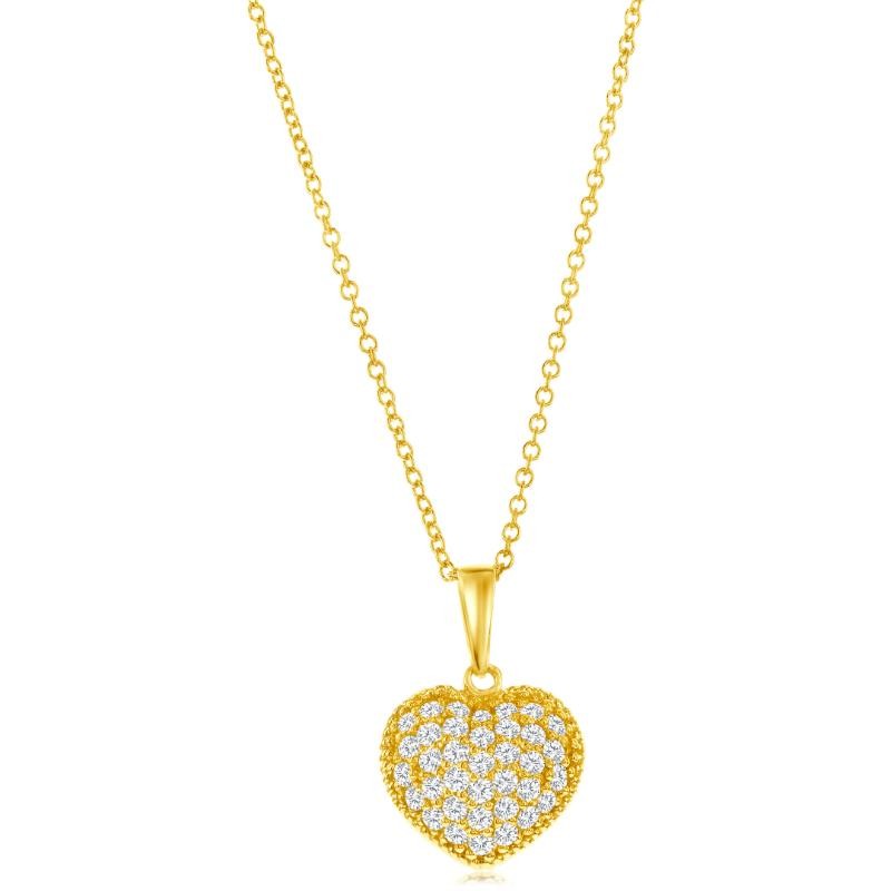 14K Yellow Gold Diamonds Puffy Heart Diamond Pendant Necklace