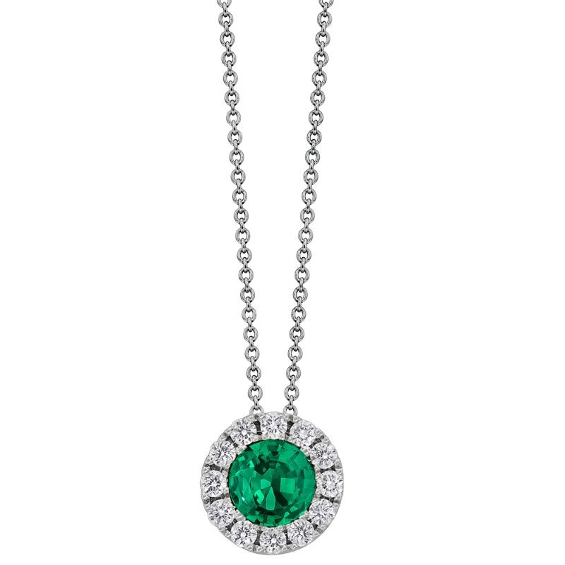 18K White Gold Emerald and Diamond Halo Necklace